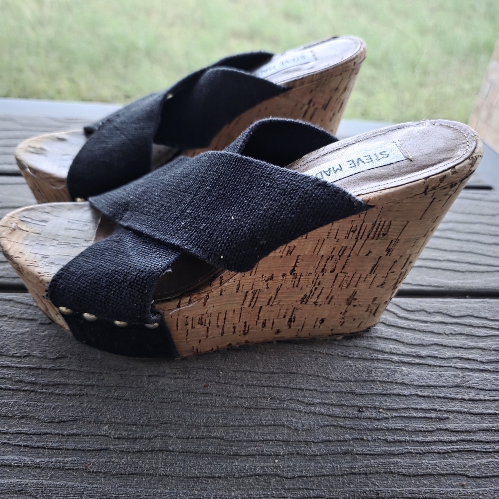 Steve Madden Black Wedge Sandals with Cork Heel